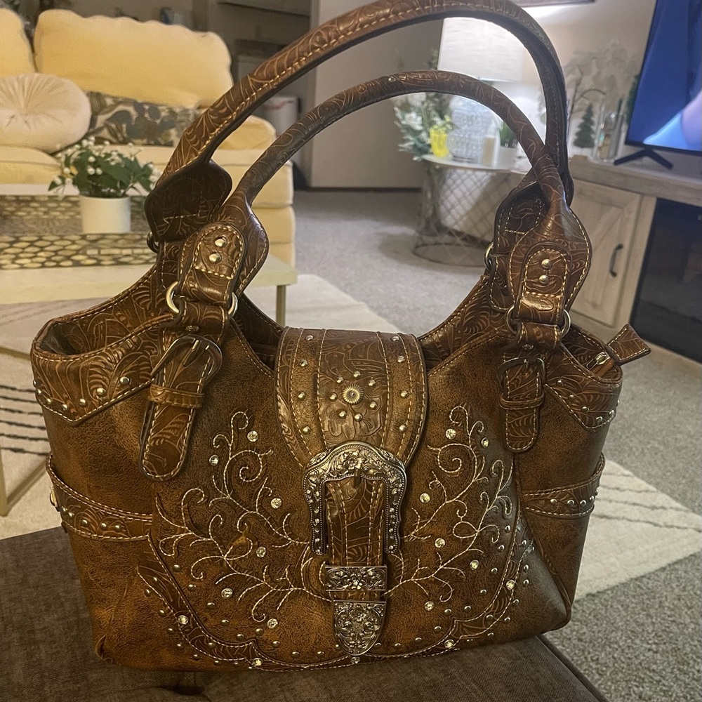 Western Brown Leather Shoulder Bag  AND Matching Crossbody Wallet